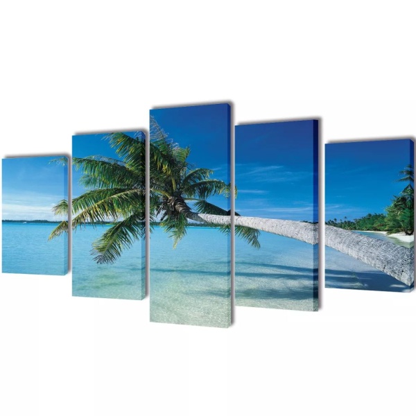 Set Tablouri Imprimate De Pânză Plajă Nisip Cu Palmier 100 x 50 cm 241560